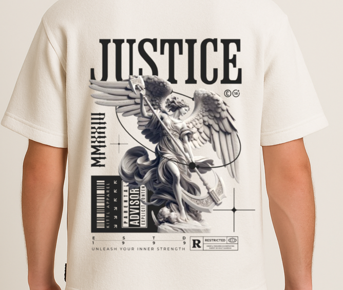 "JUSTICE Oversized Graphic T-Shirt โ Angel Warrior Edition"
